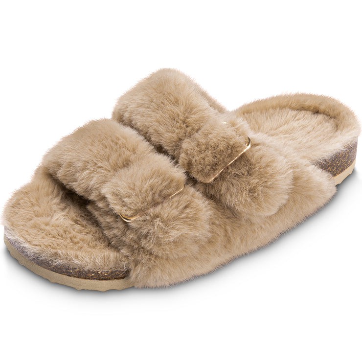 Fitvalen Open Toe Adjustable Fluffy Slippers Buckle Sandals with Faux Fur for Women Camel
