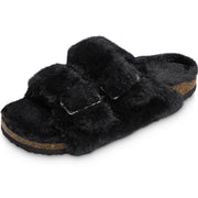 Fitvalen Open Toe Adjustable Fluffy Slippers Buckle Sandals with Faux Fur for Women Black