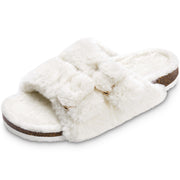 Fitvalen Open Toe Adjustable Fluffy Slippers Buckle Sandals with Faux Fur for Women White