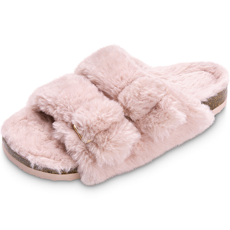 Fitvalen Open Toe Adjustable Fluffy Slippers Buckle Sandals with Faux Fur for Women Pink