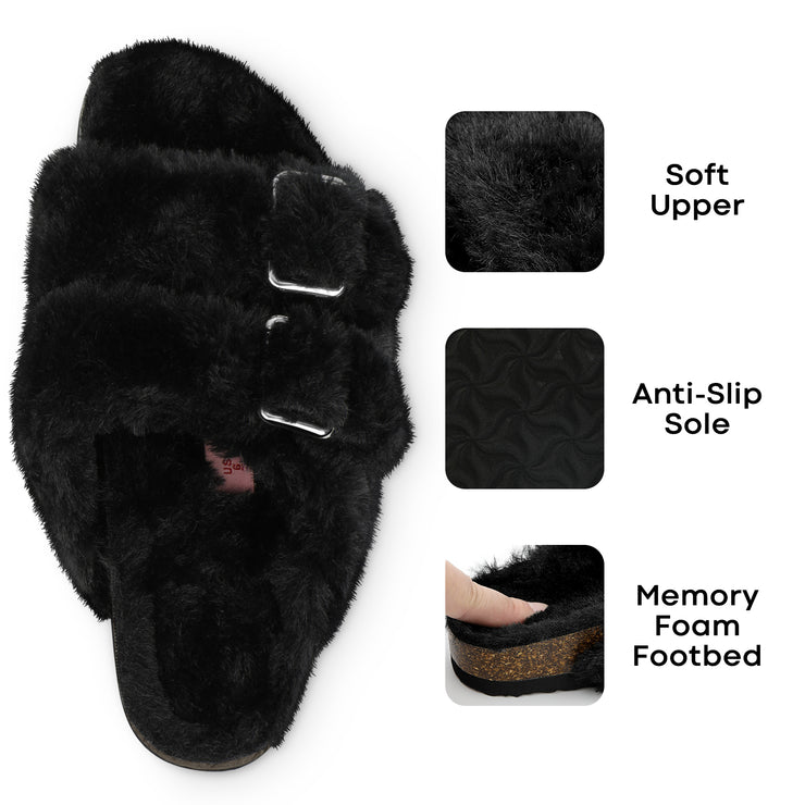 Fitvalen Open Toe Adjustable Fluffy Slippers Buckle Sandals with Faux Fur for Women Black