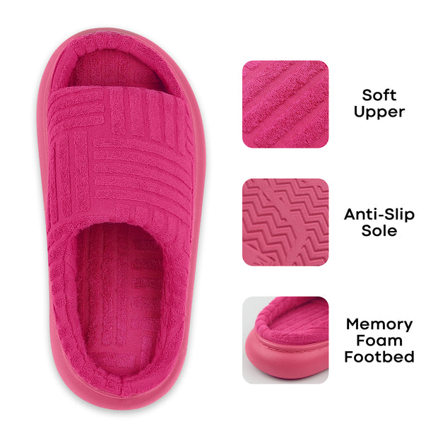 Fitvalen Comfort Towel Cushioned Thick Sole House Slippers for Women Hot Pink