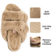 Fitvalen Open Toe Adjustable Fluffy Slippers Buckle Sandals with Faux Fur for Women Camel
