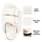 Fitvalen Open Toe Adjustable Fluffy Slippers Buckle Sandals with Faux Fur for Women White