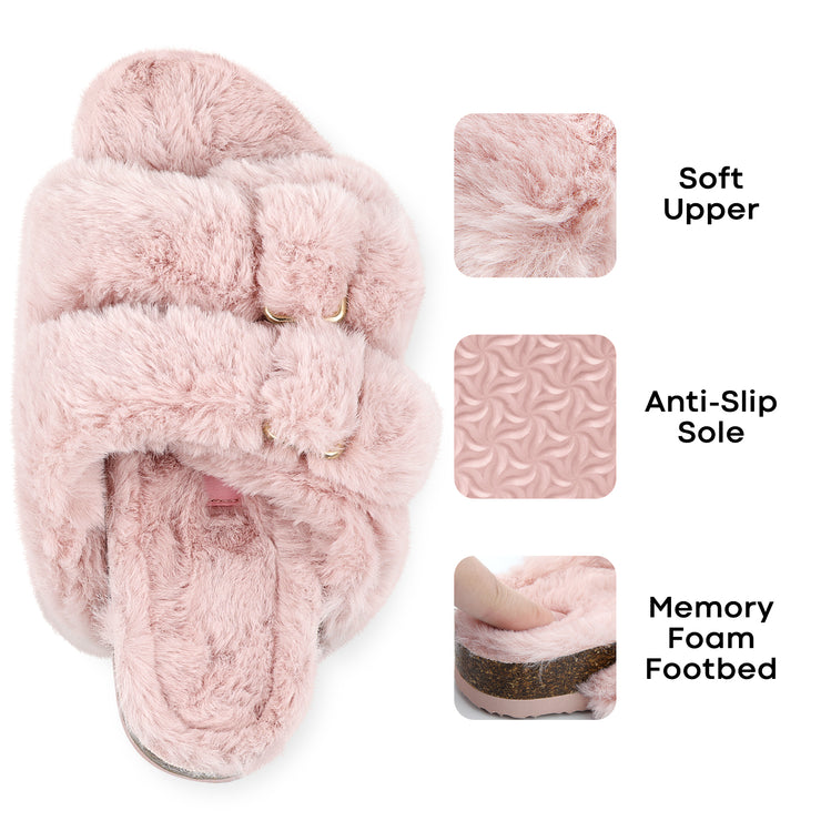 Fitvalen Open Toe Adjustable Fluffy Slippers Buckle Sandals with Faux Fur for Women Pink