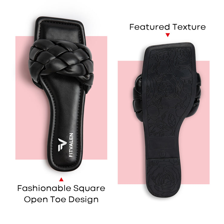 Fitvalen Square Flat Sandals Black Texture