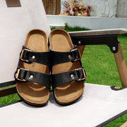 Fitvalen Double Strap Slip-on Cork Footbed Flat Buckle Sandals for Women Black