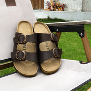 Fitvalen Women 2 Strap Adjustable Cork Footbed Flat Slide Sandals Brown