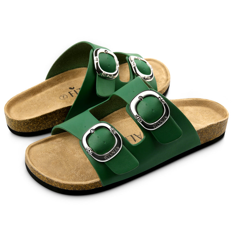 Fitvalen Women 2 Strap Adjustable Cork Footbed Flat Slide Sandals Green