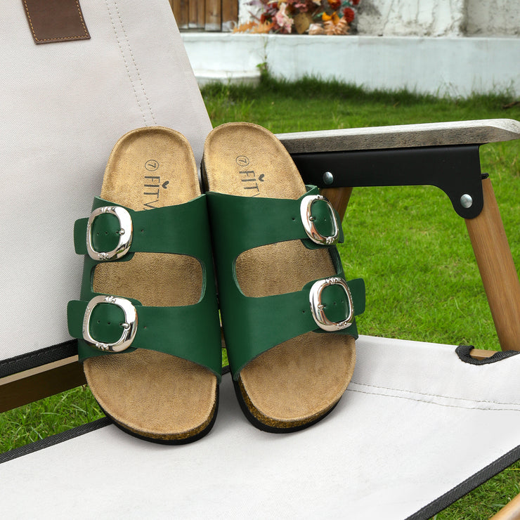 Fitvalen Women 2 Strap Adjustable Cork Footbed Flat Slide Sandals Green