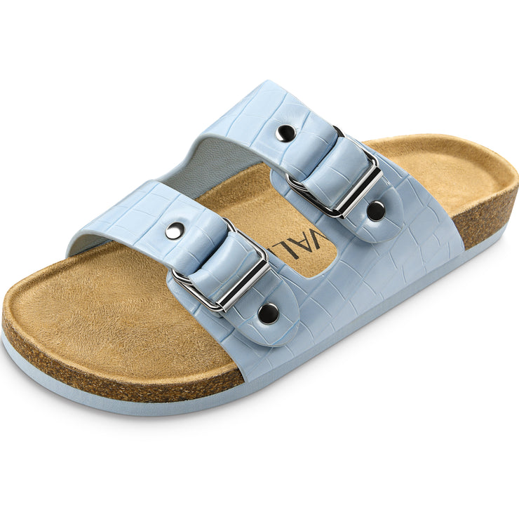 Fitvalen Double Strap Slip-on Cork Footbed Flat Buckle Sandals for Women Light Blue