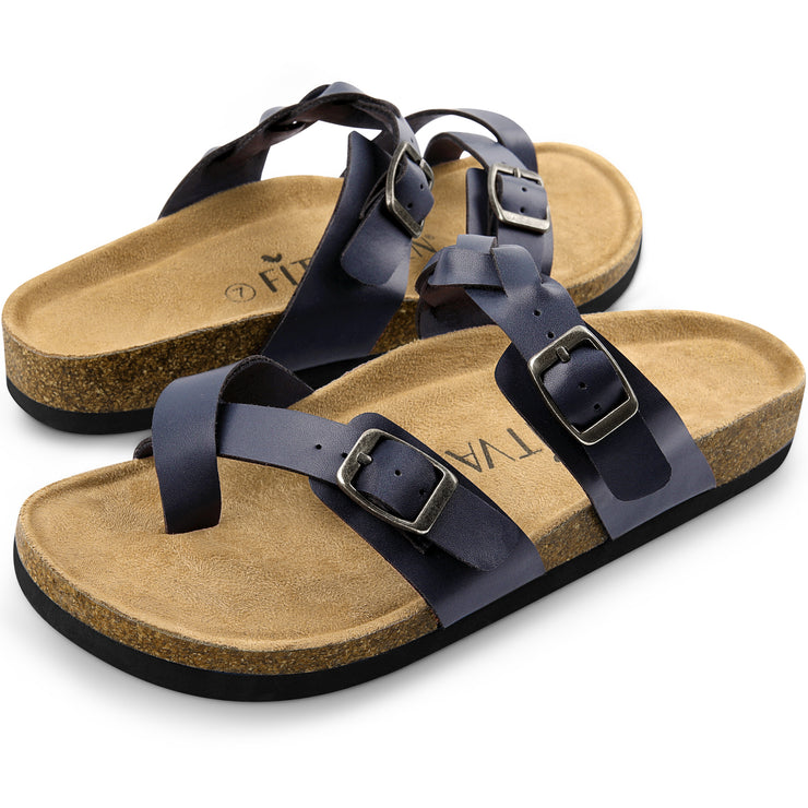 Fitvalen Toe-ring Double Adjustable Buckle Cork Footbed Sandals Navy