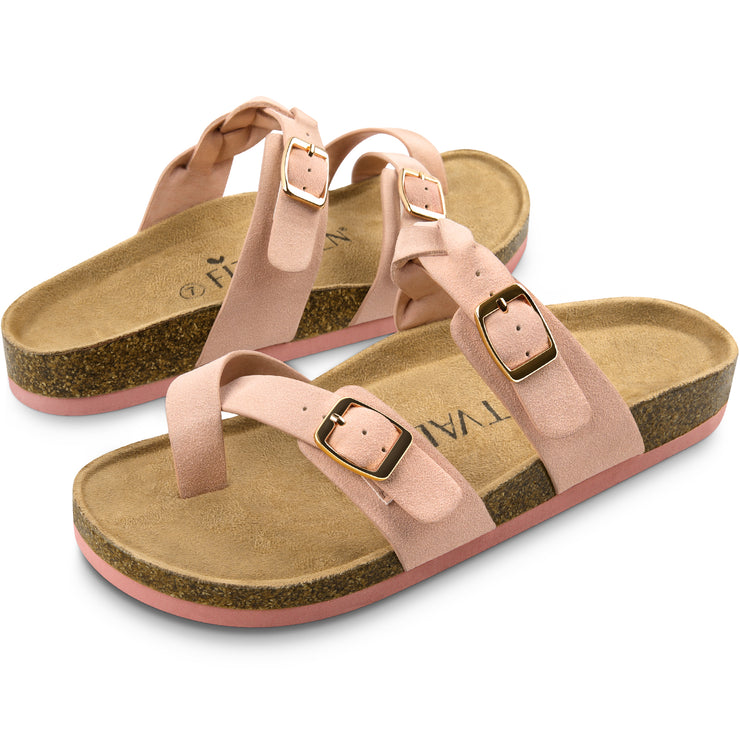 Fitvalen Toe-ring Double Adjustable Buckle Cork Footbed Sandals Pink