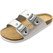 Fitvalen Double Strap Slip-on Cork Footbed Flat Buckle Sandals for Women Silver