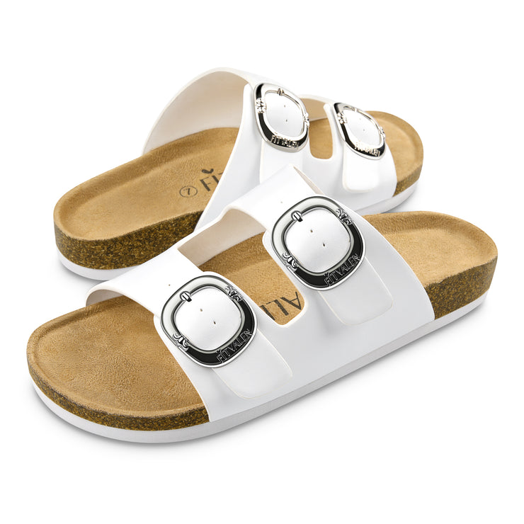 Fitvalen Women 2 Strap Adjustable Cork Footbed Flat Slide Sandals White