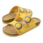 Fitvalen Women 2 Strap Adjustable Cork Footbed Flat Slide Sandals Yellow